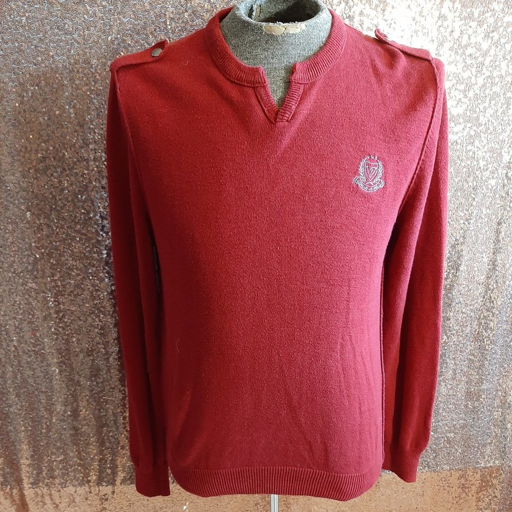 Guess Men's Santa Red Cotton Knitted V-Neck Sweater Size: L